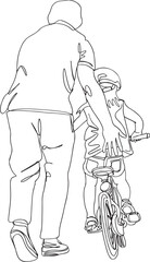Bicycle Lesson: One-Line Cartoon of Father Teaching Son, First Bike Ride: Father and Son Cartoon Illustration