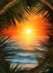 Summer tropical background with palm leaves and sea.