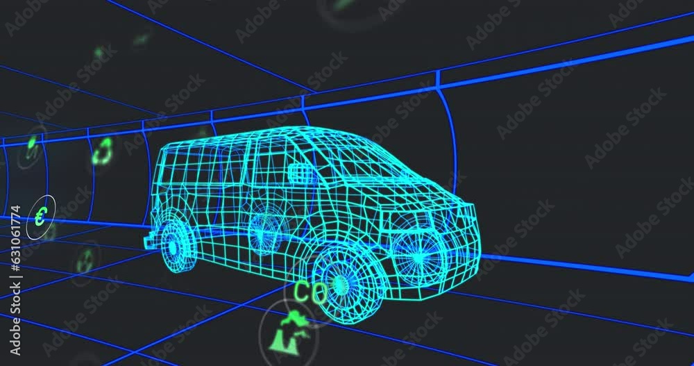 Poster animation of multiple digital icons over 3d van model moving in seamless pattern in a tunnel