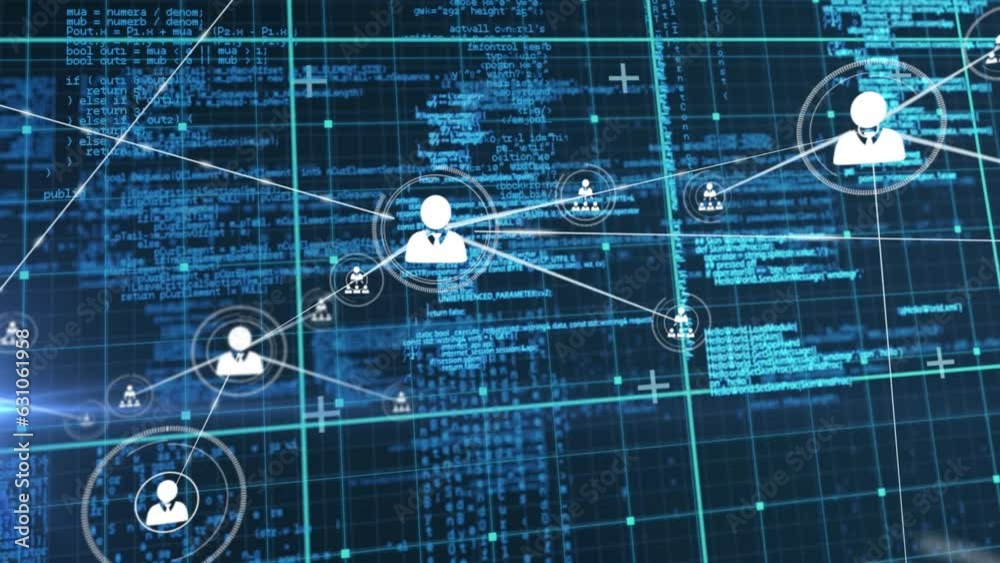 Poster animation of network of profile icons and data processing against blue background