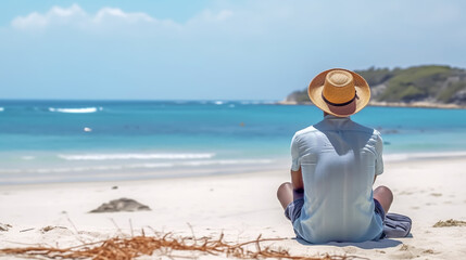 Back view of a man in a straw hat and sunglasses sitting on a deckchair on the beach