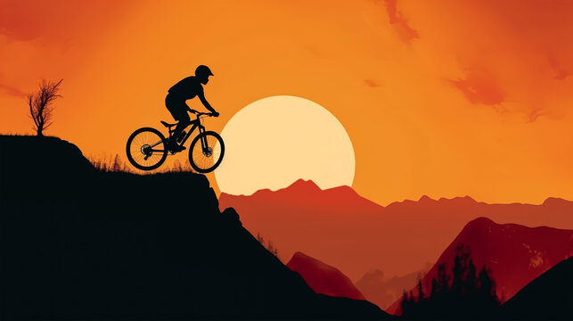 Silhouette of a mountain biker on a sunset background.