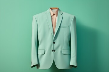 Tailored Excellence: A Designer Suit on a Hanger Against a Mint Green Background