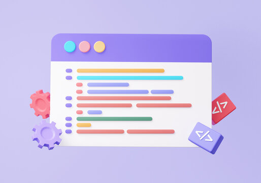 Coding language development icon floating on purple background software developer concept. Coding language programming Web UI-UX design, web browser 404, minimal cartoon style. 3d render illustration