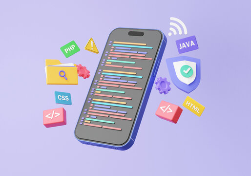 Coding language on smartphone programming interface web UI-UX system design coding language development connect application software developer concept. minimal cartoon. 3d rendering illustration