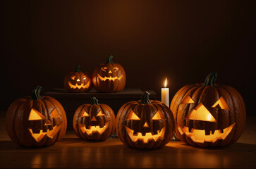 Halloween pumpkins with candles on table in dark room. Space for text