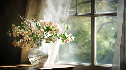 Beautiful herbal summer bouquet in a transparent glass vase near the window at home cozy interior with neutral light.