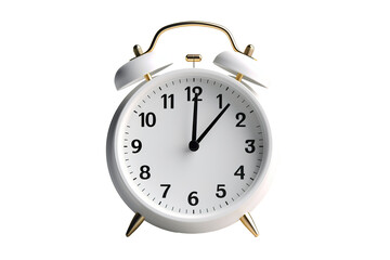 3D illustration of ringing alarm clock, set in the center of the frame, against a stark white background PNG