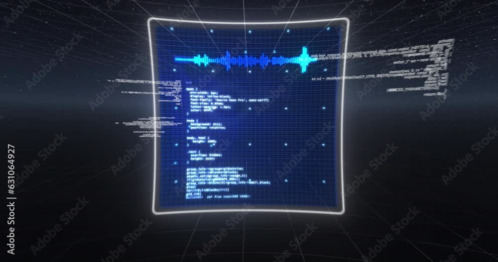 Poster animation of hud interface screens with graphs and computer language moving on abstract background