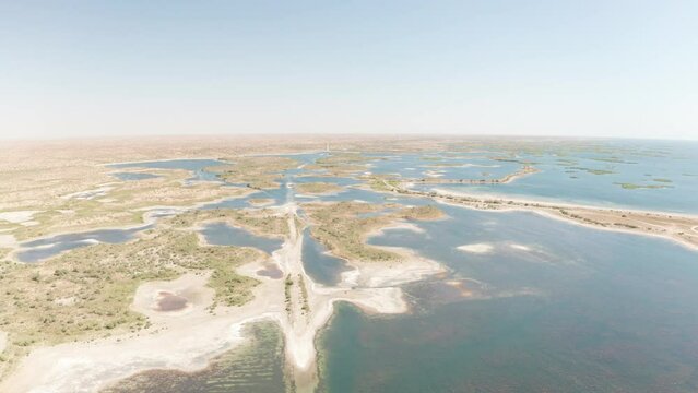 Aerial drone point of view of Aydar Kol lake in Uzbekistan, central Asia.