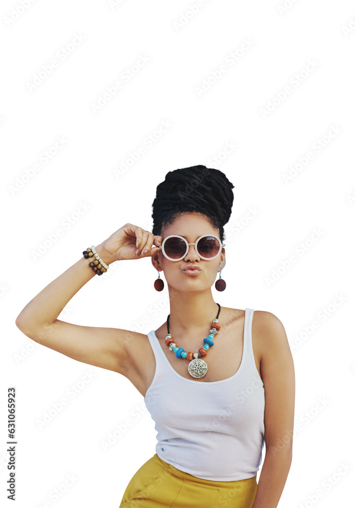 Poster Portrait, fashion and sunglasses with an african woman isolated on a transparent background for trendy style. Hair, beauty and attitude with a confident young female person on PNG in a clothes outfit