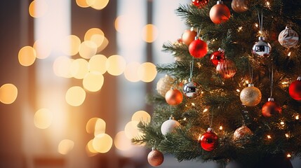 Fototapeta na wymiar Christmas Tree with Fireplace Decoration with Lights