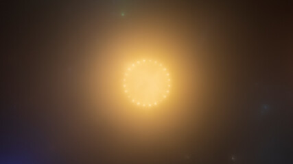 A round building with bright yellow illumination in the fog. It resembles a spaceship or a flying...