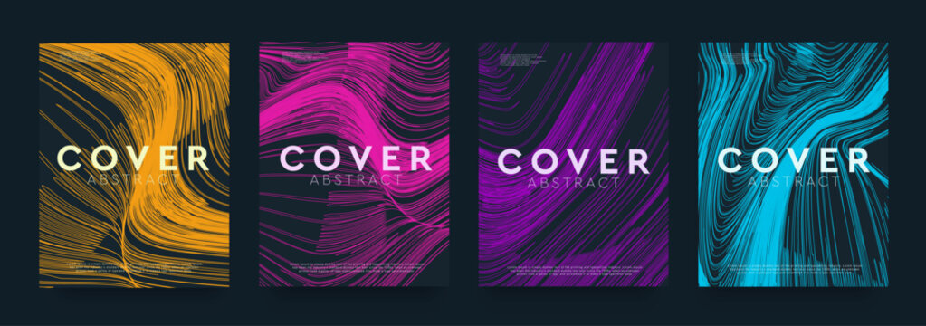 Flow Geometric Twisting Lines for Banner, Poster, Website, Placard, Advertising, Cover. 3D Art Wave Abstract Pattern for Network Data Flow in Blue, Pink, Yellow, Purple. Vector illustration