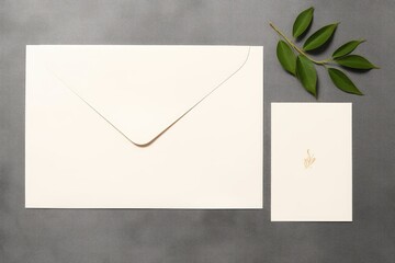 Wedding Invitation Cards Papers Laying on Table Decorate With Leaves, AI Generated