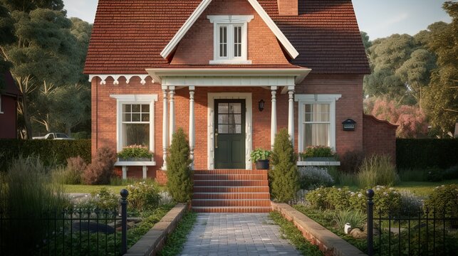 Boho and cozy cottage family house exterior with terracotta brick walls and cute front yard