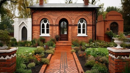 Cozy cottage-style house exterior in a suburbian area with terracotta brick walls and old fashioned shutters