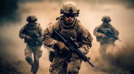 Soldiers walking In The Desert Sand, Military operation.