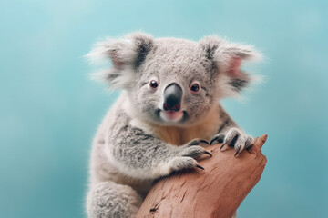 Koala bear on tree branch in front of blue background