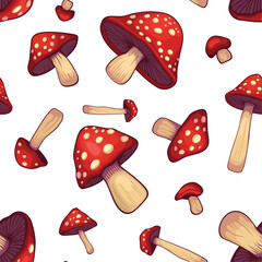 Seamless Mushrooms Pattern on a White Background. Vector