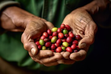 arabica coffee berries with agriculturist handsRobusta and arabica coffee berries with...