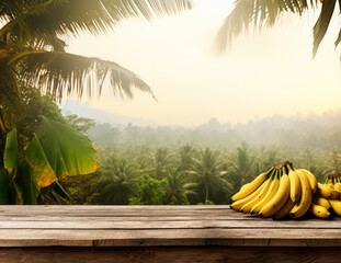 Empty rustic old wooden boards table copy space with banana palms and jungle landscape background. Some ripe yellow fruits on desk. Product display template. Generative AI - Powered by Adobe