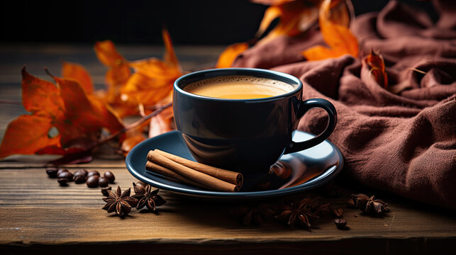 coffee mug with cinnamon and decorative autumn leaves. Generative AI