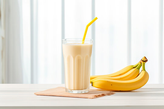 banana smoothie with oats seeds in glass on white surface