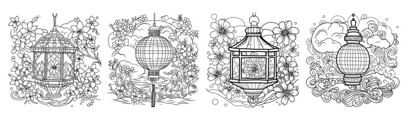 toro nagashi.set Japanese lantern festival Coloring page. coloring page of lanterns for the remembrance of the dead