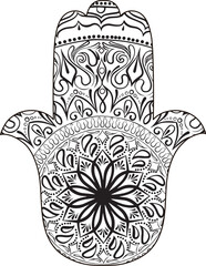 drawing of a line art of Hand of Fatima Hamsa with round ethnic pattern on a white background. Hand drawn tribal vector stock illustration - 631068395