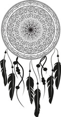 Drawing of a dreamcatcher with feathers abd beads, in ethnic tribal stile, black line art on white background - 631068398