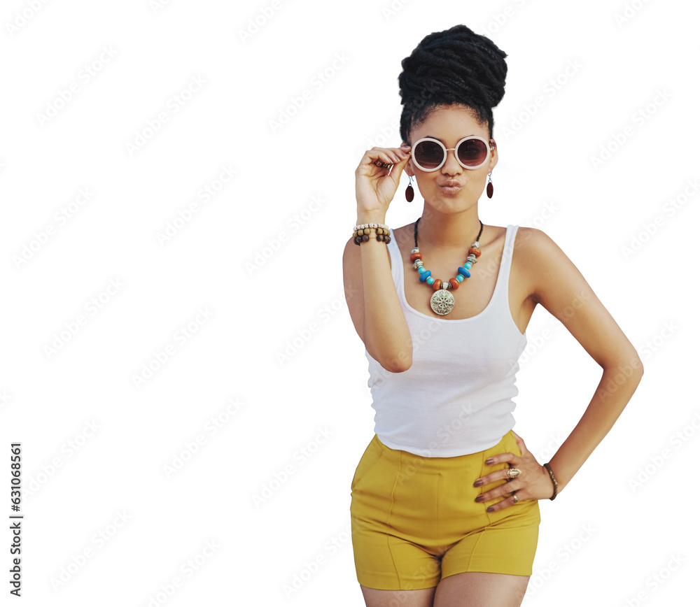 Wall mural Portrait, fashion and sunglasses with a model woman isolated on a transparent background for trendy style. Hair, beauty and attitude with a young african female person on PNG in a clothes outfit