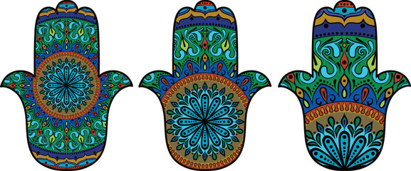 drawing of a colorful Hand of Fatima Hamsa with round ethnic pattern on a white background. Hand drawn tribal vector stock illustration - 631068595