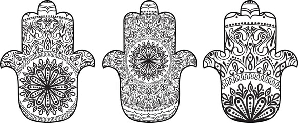 drawing of a line art of Hand of Fatima Hamsa with round ethnic pattern on a white background. Hand drawn tribal vector stock illustration - 631068707