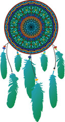 Drawing of a dreamcatcher with feathers abd beads, in ethnic tribal stile, in turquoise colors - 631068755