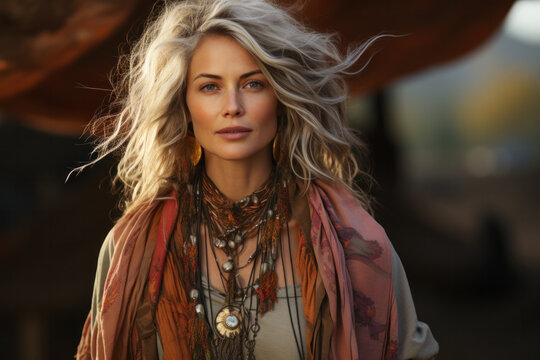 stylish attractive 45 yo smiling woman portrait. fashion trend outfit carefree and happy, feeling freedom, wearing yellow dress boho style chic.