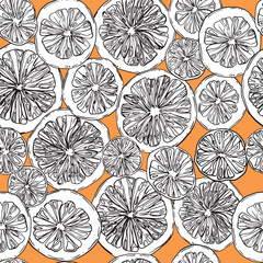 Seamless pattern with hand-drawn linear art cut black and white oranges on a orange background - 631068948