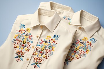 A close-up on a traditional ukrainian embroidered shirt or blouse collar, colorful embroidery. Generative IA technology