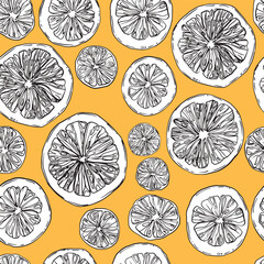 Seamless pattern with hand-drawn linear art cut black and white oranges on a orange background - 631068992