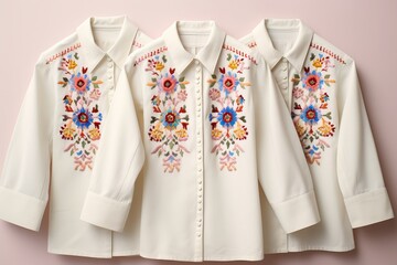 A close-up on a traditional ukrainian embroidered shirt or blouse collar, colorful embroidery. Generative IA technology