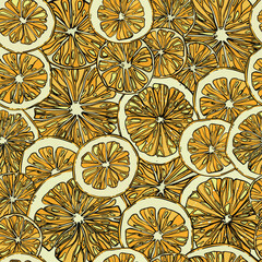 Seamless pattern with hand-drawn linear art cut oranges on a white background