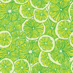 Seamless pattern with hand-drawn linear art cut limes on a white background - 631069197