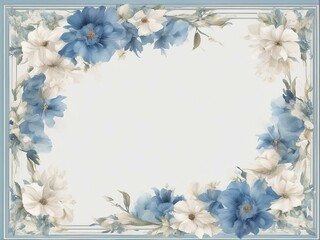 Elegant blue frame with straight lines, empty in the middle, surrounded by a border of flowers.