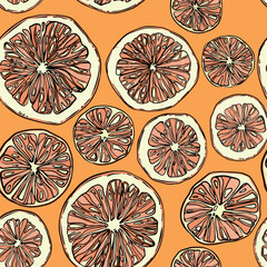 Seamless pattern with hand-drawn linear art cut grapefruits on orange background - 631069329