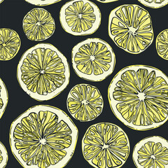 Seamless pattern with hand-drawn linear art cut lemons on gray background - 631069363