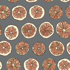 Seamless pattern with hand-drawn linear art cut grapefruits on a gray background