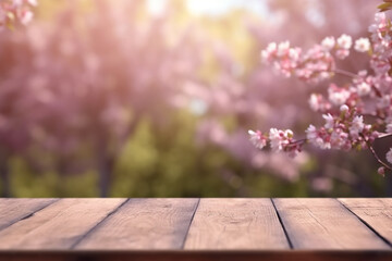 Sakura Flower Park Background Mockup on Empty Wooden Table - Product Display Template Created with Generative AI Tools