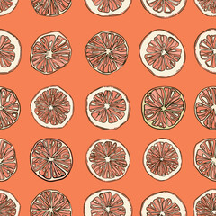 Seamless pattern with hand-drawn linear art cut grapefruits on orange background - 631069511
