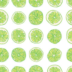 Seamless pattern with hand-drawn linear art cut limes on a white background
