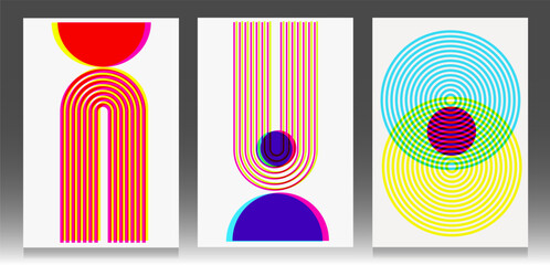 Mid century and risograph cover set. Minimalist boho lines with geometric shape. Abstract vintage design, colorful art print, poster retro.